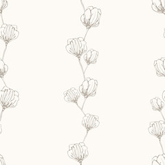 Line drawing spring flowers on light beige background. Seamless beautiful floral pattern.