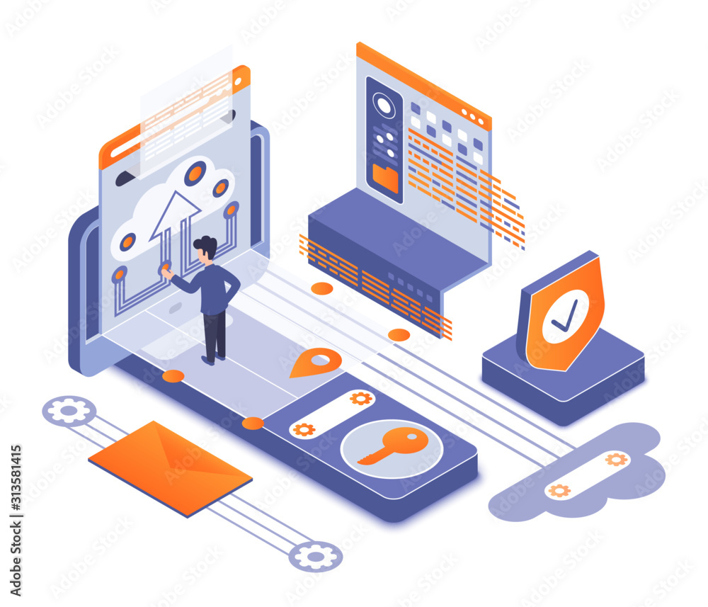 Poster Network security isometric vector illustration. Male user entering password. Personal information safe upload to system. Cloud data storage. Cybersecurity cartoon conceptual design element