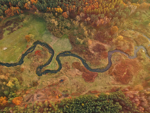 Ruda river in Poland. Top down. Autumn