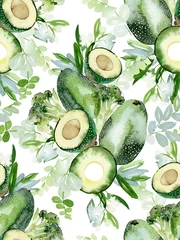 Deurstickers Avocado Naadloos patroon met avocado, waterverfsamenstelling voor het verfraaien van handdoeken, keukenachtergronden