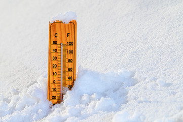 Thermometer on snow shows low temperatures in celsius or farenheit