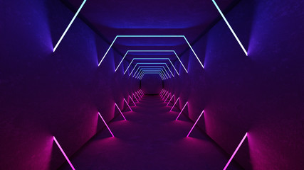 Night club interior lights 3d render for laser show. Glowing lines. Abstract fluorescent background. Neon room corridor background. Light abstract futuristic design. Modern geometric glow interior