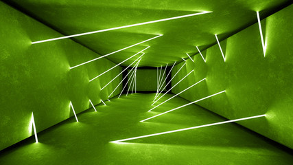 Night club interior green lights 3d render for laser show. Glowing green lines. Abstract fluorescent green background. Green neon room corridor background. Light abstract futuristic design. Modern © RDVector