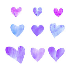 Set of watercolor hearts. Perfect for creating romantic postcards and Valentines Day decor. Hand drawn. Isolated on white background