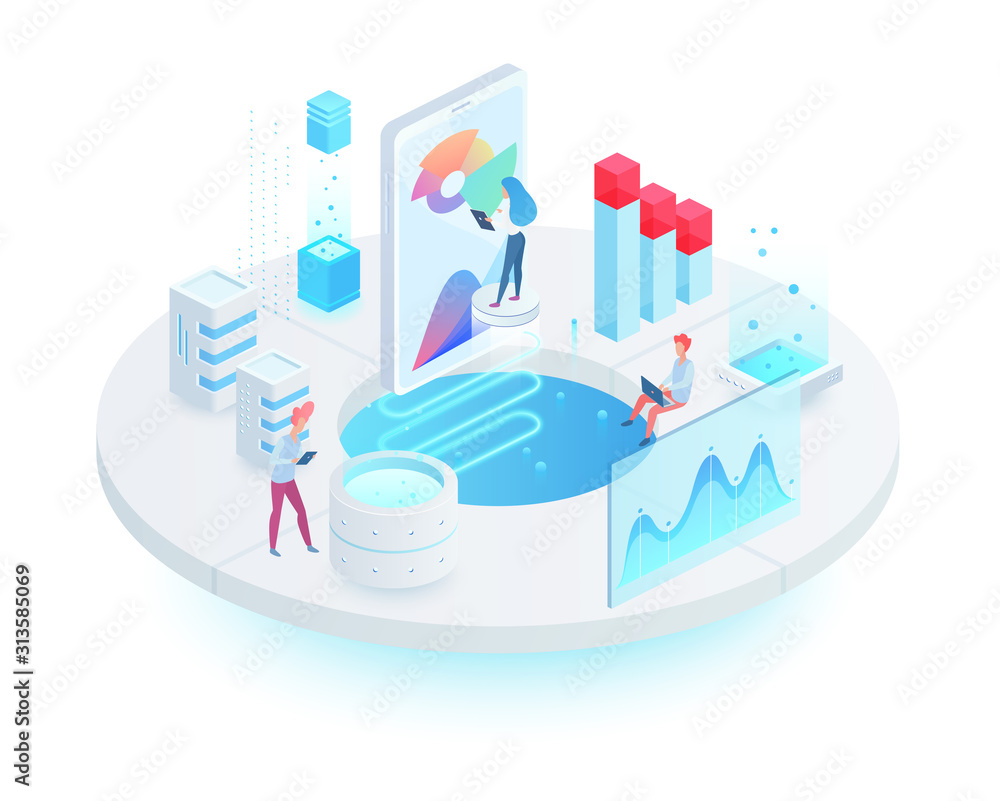 Poster Digital technology isometric vector illustration. Mobile development company. Teamwork on corporate project. Mobile devices programming. Innovative platform white cartoon conceptual design element