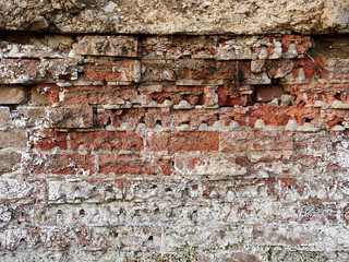 Old brick wall near the river, white plaque, texture background