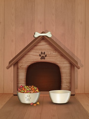 illustration of dog kennel, food and water bowls