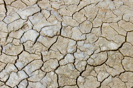 Ausgetrocknete Erde mit tiefen Rissen durch die Trockenheit ergibt ein Muster