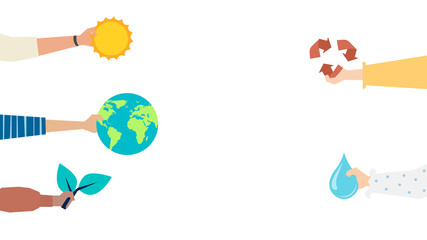  Protecting the environment and protecting our world. Caring for the planet, recycling waste, growing plants and renewing resources. Flat style. Vector illustration