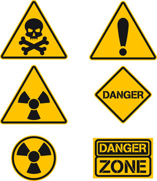 Construction button. Industry concept. Poison symbol. Dangerous high voltage. Hazard sign. Risk sign.