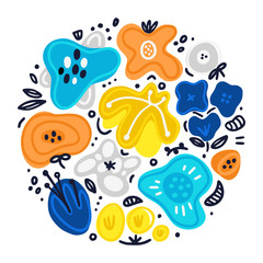 Vector circle floral composition includes hand drawn abstract shapes with different spot and decorative elements. Abstract flowers. Freehand doodle style. Cover, card, label, sticker, print on clothes
