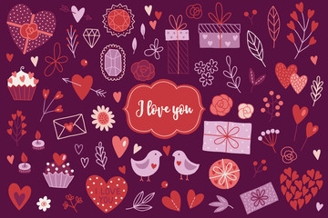 Valentine's Day design elements with hearts, roses, branches, presents, flowers