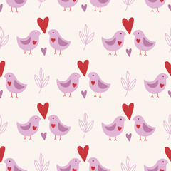 Valentine's Day seamless pattern with birds, leaves and hearts