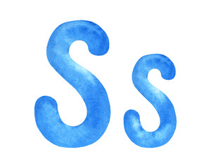Monogram letter S made of watercolor. Classic blue hand drawn alphabet