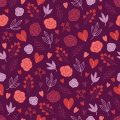 Valentine's Day seamless pattern with leaves, roses, hearts, herbs