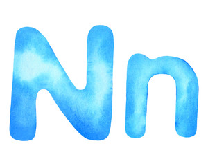 Monogram letter N made of watercolor. Classic blue hand drawn alphabet