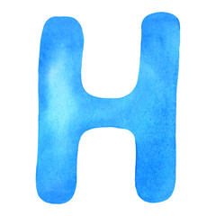 Monogram letter H made of watercolor. Classic blue hand drawn alphabet