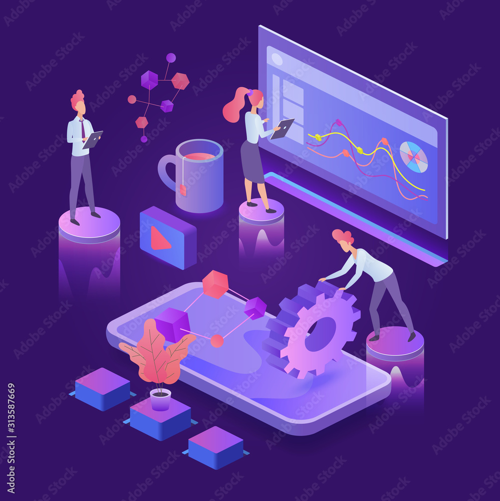 Poster creative process dark neon isometric vector illustration. corporate management. collaboration and pa