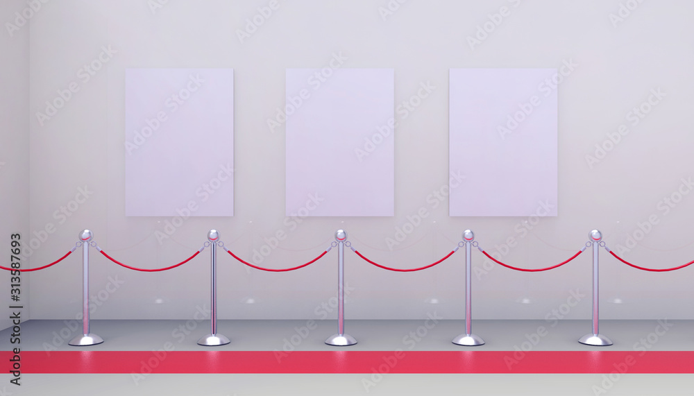 Poster gallery art and space exhibit in a modern and minimalist red floor concept with a white frame on whi