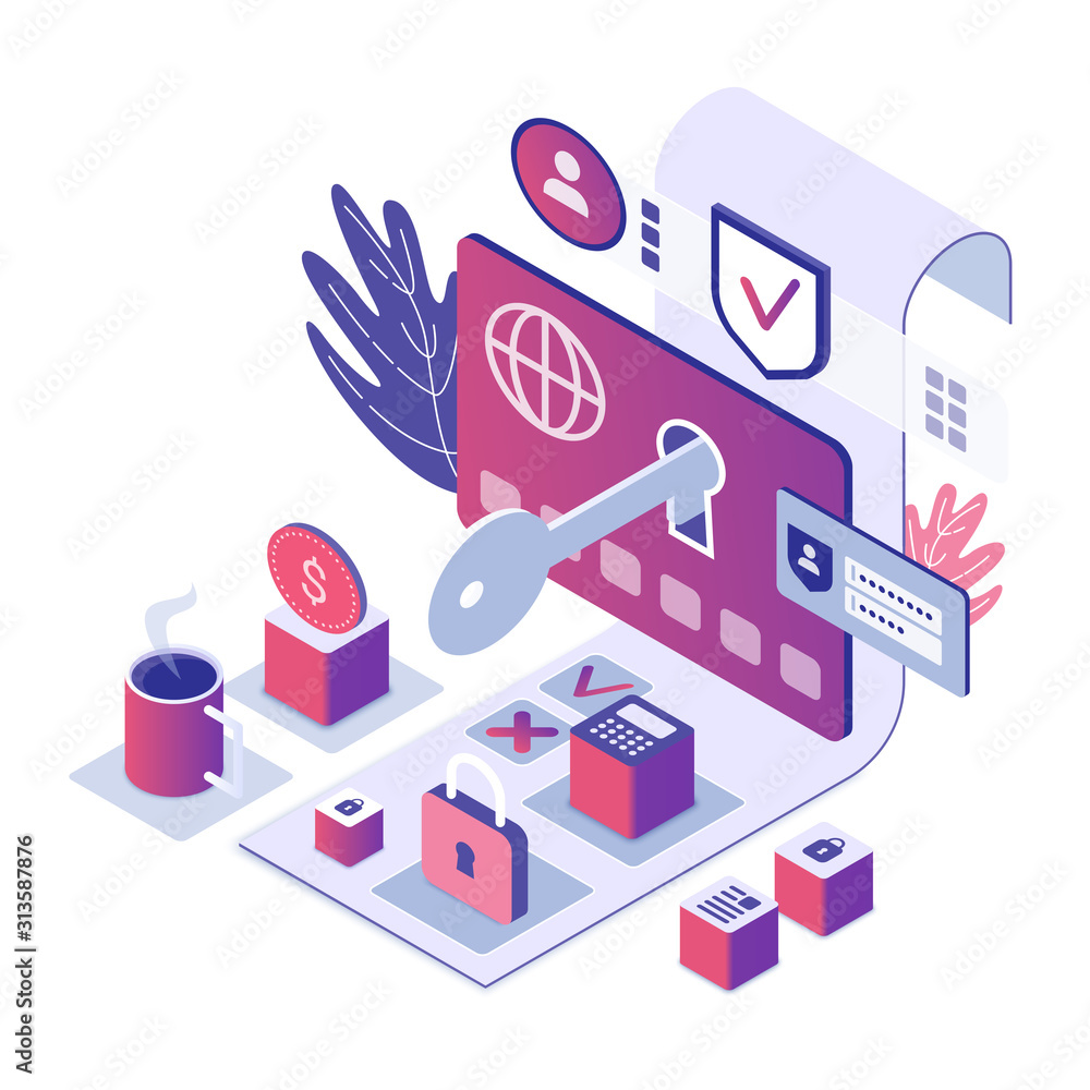Poster Credit card security isometric vector illustration. Electronic trading with cyber safety. Internet account for cryptocurrency with lock. Secure online banking cartoon conceptual design element