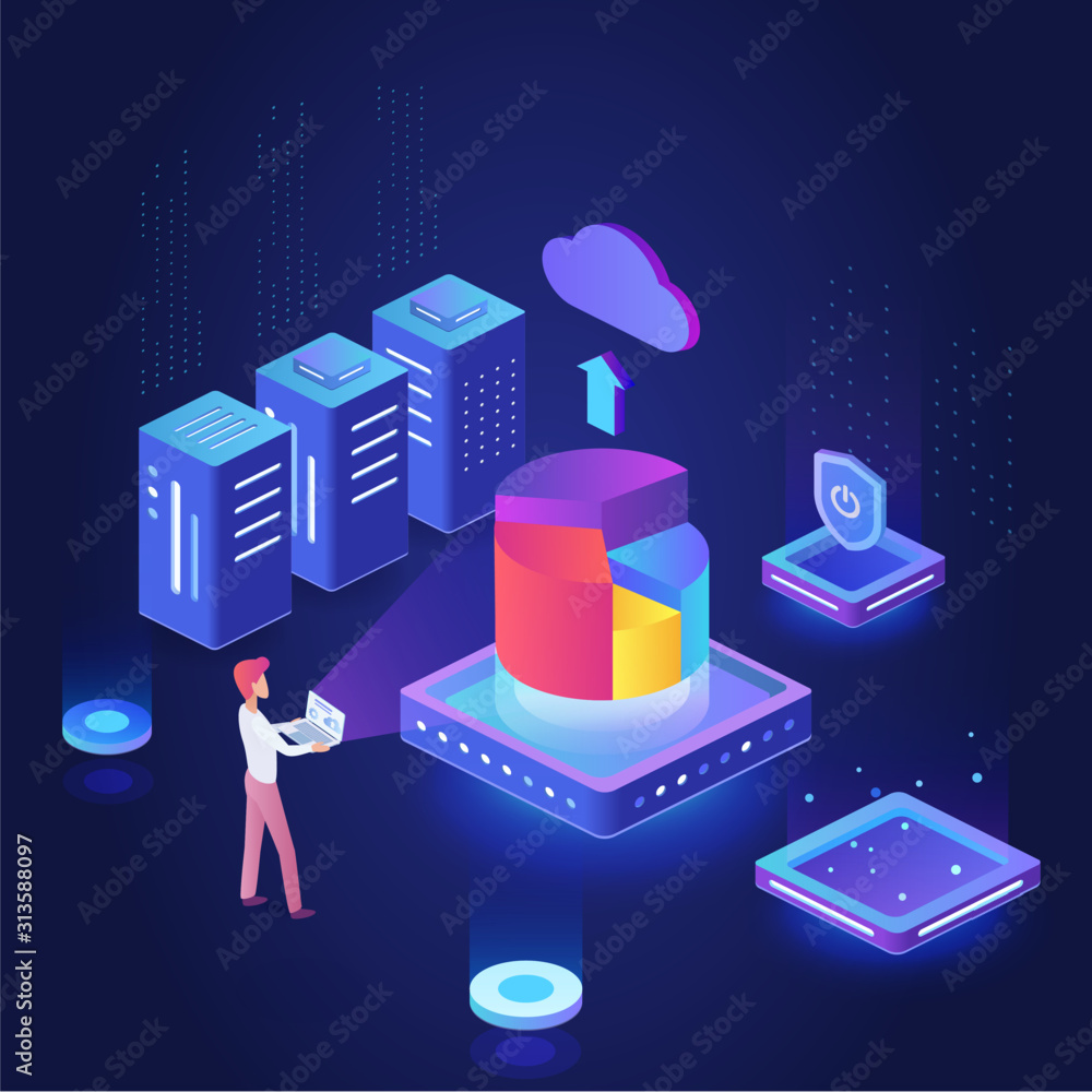 Poster cryptocurrency exchange isometric dark neon vector illustration. futuristic electronic machine. shar