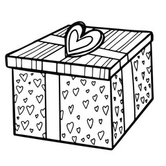 Gift box with heart shape bow. Hand-drawn vector stock illustration of square present box with heart decorations.Isolated on white. Valentines day and romantic concept. Line art. Package. Icon. Doodle