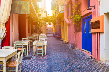 Charming streets of Greek islands, Crete. Street in the old town of Chania, Crete, Greece. Beautiful street in Chania, Crete island, Greece. Summer landscape. Travel and vacation.
