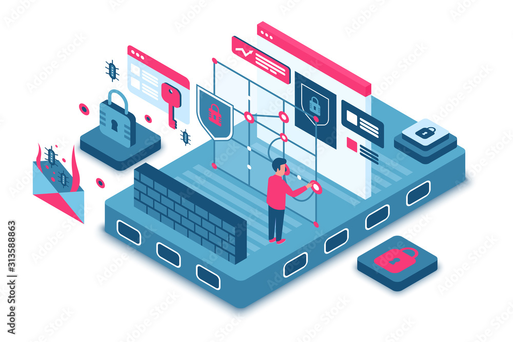 Aufkleber Cyber security isometric vector illustration. Authorization and authentification. Man unlock account with touch screen. Private user information security. Safe system cartoon conceptual design element
