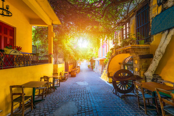 Street in the old town of Chania, Crete, Greece. Charming streets of Greek islands, Crete. Beautiful street in Chania, Crete island, Greece. Summer landscape. Chania old street of Crete island Greece.