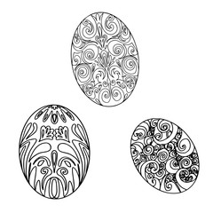 Easter ornament eggs collection. Hand drawn vector stock illustration. Decorative Esater eggs  pattern in pastel colors. Happy Easter concept. Isolated on white. Pysanka. Coloring page. Copy space.