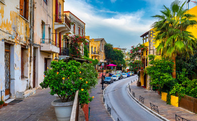 Street in the old town of Chania, Crete, Greece. Charming streets of Greek islands, Crete. Beautiful street in Chania, Crete island, Greece. Summer landscape. Chania old street of Crete island Greece.
