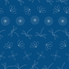 Seamless vector pattern background with dragonflies and flowers in japanese embroidery style. 
