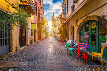 Charming streets of Greek islands, Crete. Street in the old town of Chania, Crete, Greece. Beautiful street in Chania, Crete island, Greece. Summer landscape. Travel and vacation.