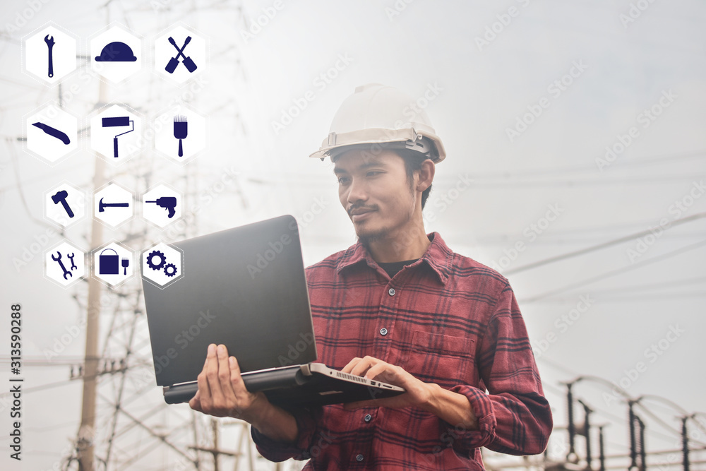 Poster engineering holding computer notebook laptop graphic tool application building construction