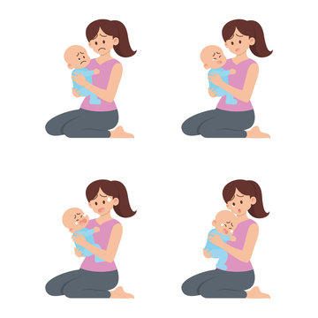 Set Of Young Mother Sitting And Holding Sad Baby With Different Actions, Being Sad, Crying, Screaming  And Sobbing In Flat Cartoon Style