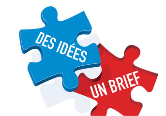 Concept de la cr&eacute;ativit&eacute; et du brainstorming avec le symbole d&rsquo;une pi&egrave;ce de puzzle portant le mot id&eacute;es qui recouvre l&rsquo;inscription brief en apportant la r&eacute;ponse.