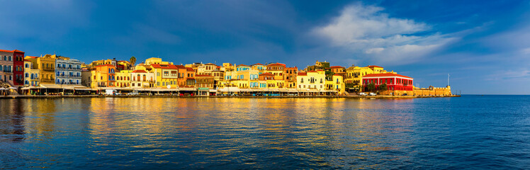 Picturesque old port of Chania. Landmarks of Crete island. Greece. Bay of Chania at sunny summer day, Crete Greece. View of the old port of Chania, Crete, Greece. The port of chania, or Hania.