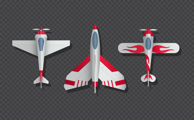 Fototapeta na wymiar Airplanes and military aircraft top view. 3d airliner and fighter vector icons. Airplane top view, air transport model illustration