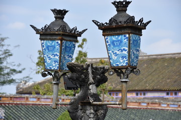 Fototapeta na wymiar Lanterns with Blue and White Decorative Glass, Hue Citadel, Vietnam