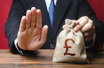 Businessman refuses to give pound sterling GBP money bag. Refusal to grant loan mortgage, bad...