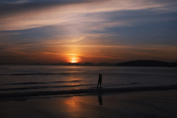 Sea Sunset. Seascape. Ocean and red sky with clouds