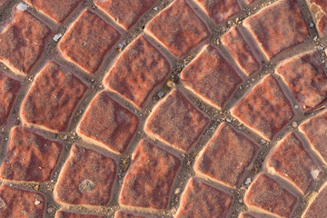Fototapeta premium Sidewalk tiles with a pattern. A concrete slab painted red. Decorative element for decoration of the exterior.