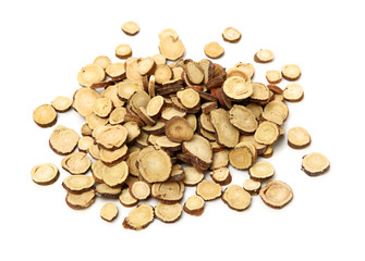 Licorice roots on white background