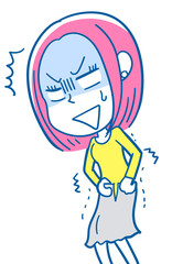 イラスト素材: スカートが入らず苦戦する若い女性