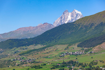 Fototapeta na wymiar Beautiful view from Svaneti, castles in old village. Mestia, Mulakhi