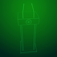 Speaker Podium. White Tribune Rostrum Stand with Microphones. Debate, press conference concept. Wireframe low poly mesh vector illustration