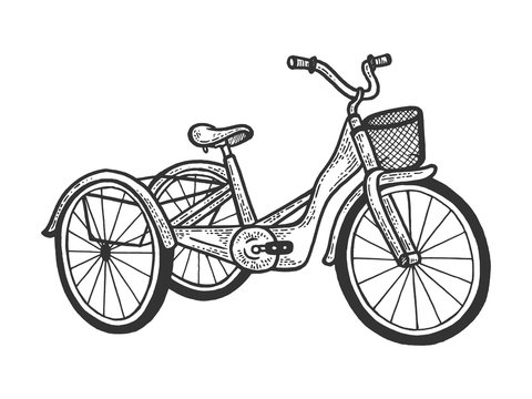 Tricycle trike bicycle sketch engraving vector illustration. T-shirt apparel print design. Scratch board style imitation. Hand drawn image.