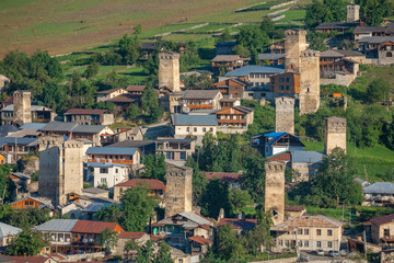 Fototapeta na wymiar Areal view of beautiful old village Mestia with its Svan Towers. Georgia.