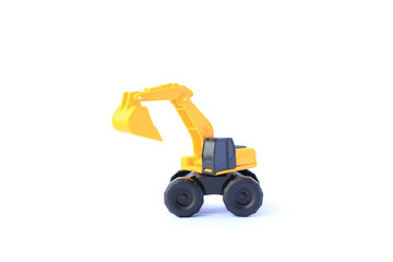 The yellow toy car Excavator isolated on white background. Children's backhoe toy model.