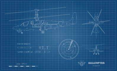 Outline blueprint of military helicopter. Side, top and front views of armed air vehicle. Industrial image with external weapon. War copter